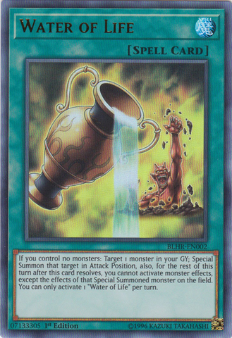An Ultra Rare "Water of Life" card from the Yugioh Set: Battles of Legend: Hero's Revenge (BLHR).