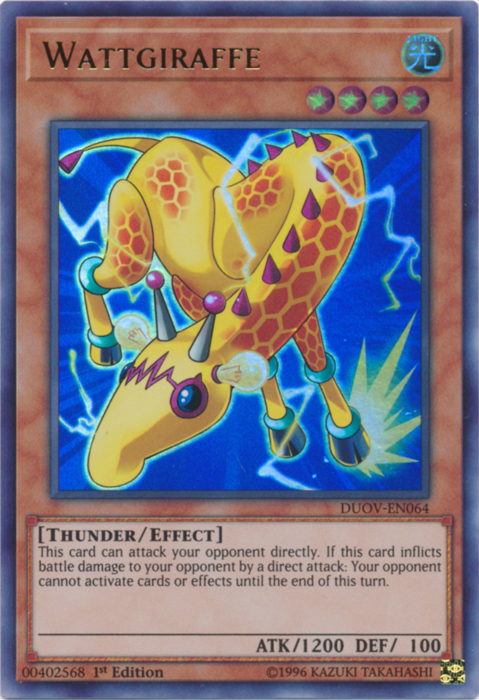 An Ultra Rare "Wattgiraffe" card from the Yugioh Set: Duel Overload.