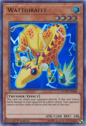 An Ultra Rare "Wattgiraffe" card from the Yugioh Set: Duel Overload.