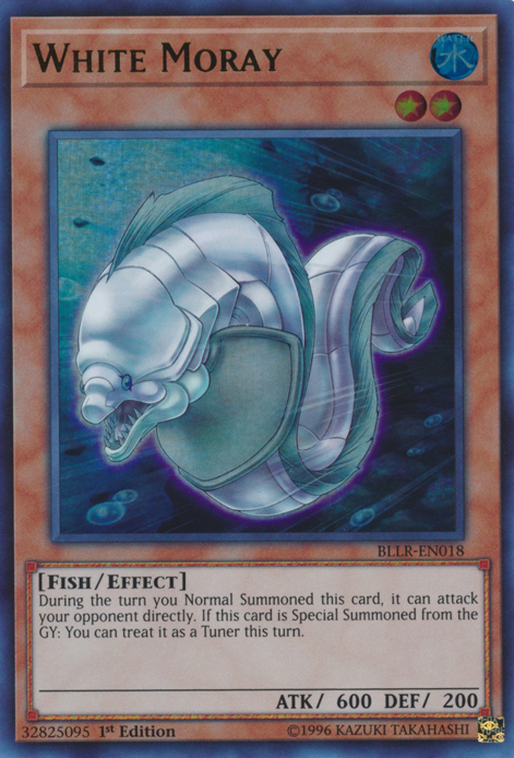 An Ultra Rare "White Moray" card from the Yugioh Set: Battles of Legend: Light's Revenge (BLLR).