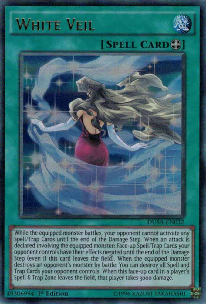 An Ultra Rare "White Veil" card from the Yugioh Set: Duelist Saga.