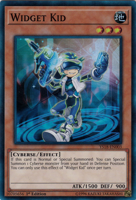 A Super Rare "Widget Kid" card from the Yugioh Starter Deck: Codebreaker set.