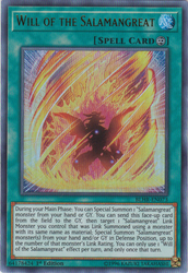 An Ultra Rare "Will of the Salamangreat" card from the Yugioh Set: Battles of Legend: Hero's Revenge (BLHR).