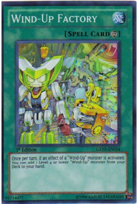 A Super Rare "Wind-Up Factory" card from the Yugioh Set: Generation Force.