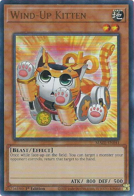 An Ultra Rare "Wind-Up Kitten" card from the Yugioh Set: Maze of Memories.