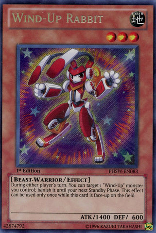 A Secret Rare "Wind-Up Rabbit" card from the Yugioh Set: Photon Shockwave.