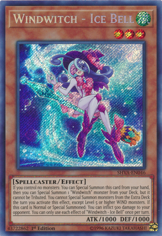 A Secret Rare "Windwitch - Ice Bell" card from the Yugioh Set: Shadows in Valhalla (SHVA).