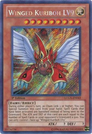 A Secret Rare "Winged Kuriboh LV9" card from the Yugioh Set: Legendary Collection 2: The Duel Academy Years (LCGX).