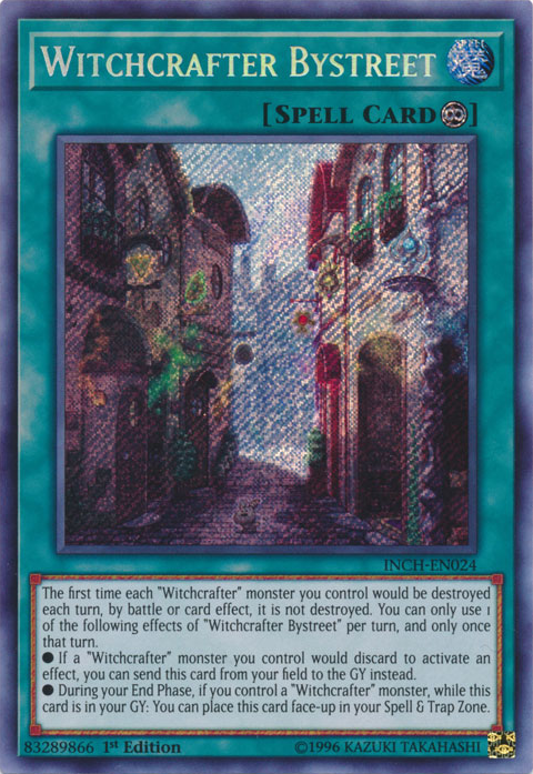  A Secret Rare "Witchcrafter Bystreet" card from the Yugioh Set: The Infinity Chasers.