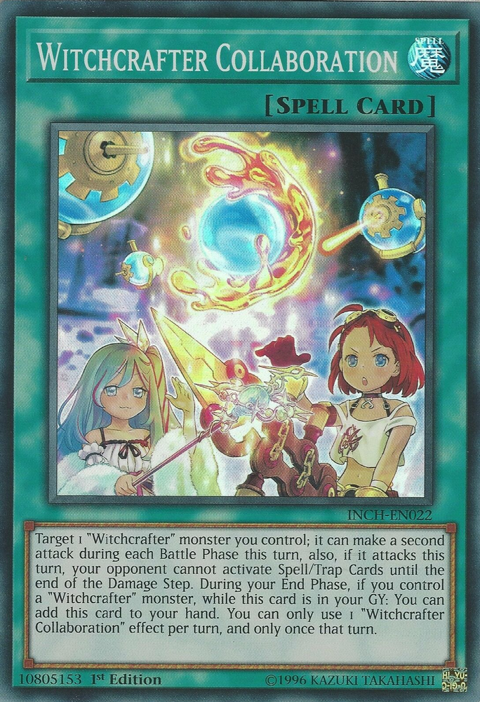  A Super Rare "Witchcrafter Collaboration" card from the Yugioh Set: The Infinity Chasers.