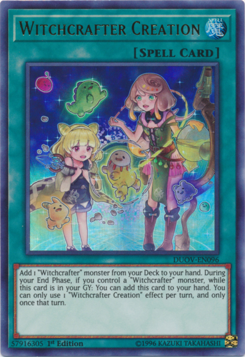 An Ultra Rare "Witchcrafter Creation" card from the Yugioh Set: Duel Overload.