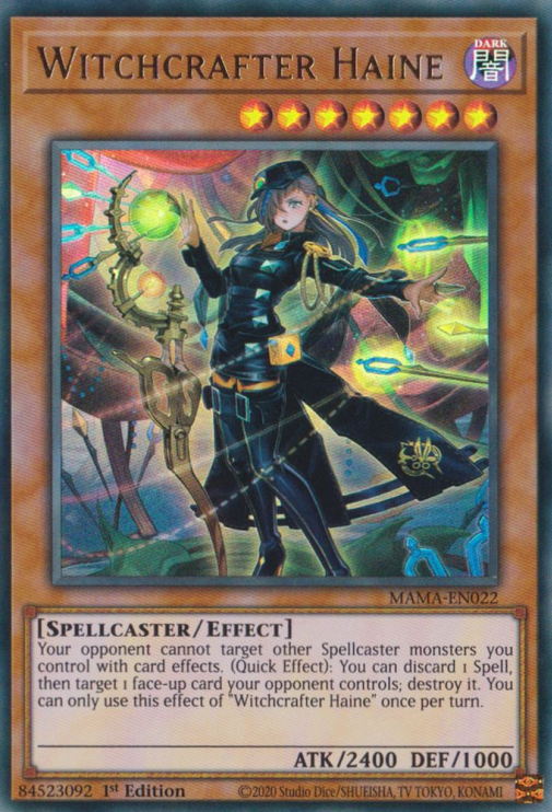 An Ultra Rare "Witchcrafter Haine" card from the Yugioh Set: Magnificent Mavens.