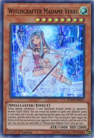 An Ultra Rare "Witchcrafter Madame Verre" card from the Yugioh Set: Duel Overload.