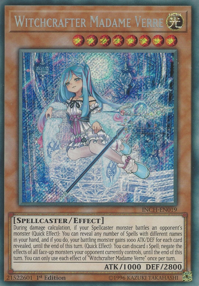 A Secret Rare "Witchcrafter Madame Verre" card from the Yugioh Set: The Infinity Chasers.