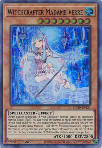 A Super Rare "Witchcrafter Madame Verre" card from the Yugioh 2020 Tin of Lost Memories.