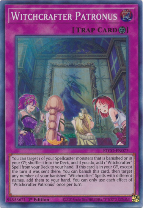 A Super Rare "Witchcrafter Patronus" card from the Yugioh Set: Eternity Code.