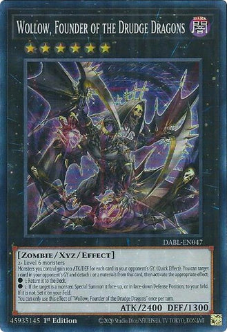 A Super Rare "Wollow, Founder of the Drudge Dragons" card from the Yugioh Set: Darkwing Blast (DABL).