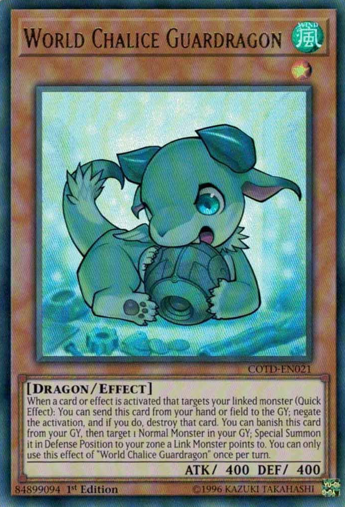 An Ultra Rare "World Chalice Guardragon" card from the Yugioh Set: Code of the Duelist (COTD).