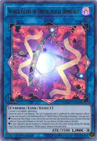 An Ultra Rare "World Gears of Theurlogical Demiurgy" card from the Yugioh Set: Dark Neostorm (DANE).