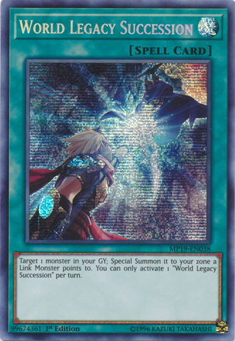 A Prismatic Secret Rare "World Legacy Succession" card from the Yugioh 2019 Gold Sarcophagus Tins (MP19).