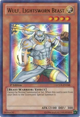An Ultra Rare "Wulf, Lightsworn Beast" card from the Yugioh Set: Legendary Collection 2 (LCGX).