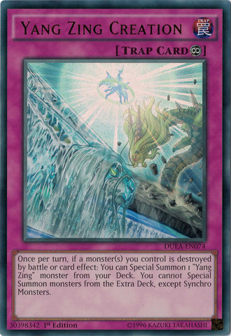 An Ultra Rare "Yang Zing Creation" card from the Yugioh Set: Duelist Alliance (DUEA).