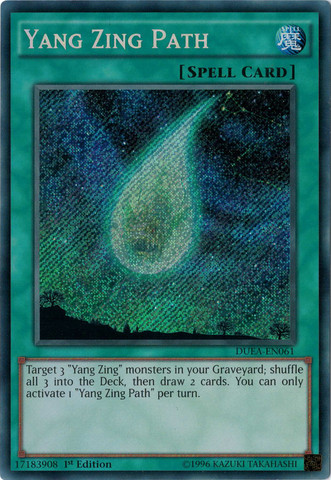  A Secret Rare "Yang Zing Path" card from the Yugioh Set: Duelist Alliance.