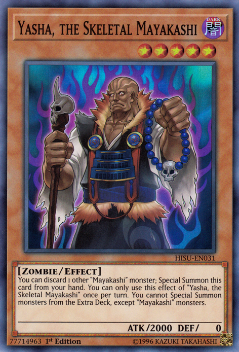 A Super Rare "Yasha, the Skeletal Mayakashi" card from the Yugioh Set: Hidden Summoners (HISU).
