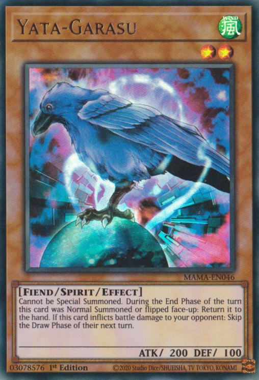 An Ultra Rare "Yata-Garasu" card from the Yugioh Set: Magnificent Mavens.