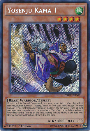 A Secret Rare "Yosenju Kama 1" card from the Yugioh Set: The Secret Forces.