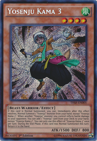 A Secret Rare "Yosenju Kama 3" card from the Yugioh Set: The Secret Forces.