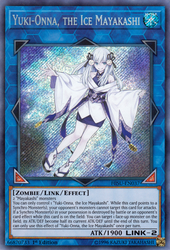 A Secret Rare "Yuki-Onna, the Ice Mayakashi" card from the Yugioh Set: Hidden Summoners.