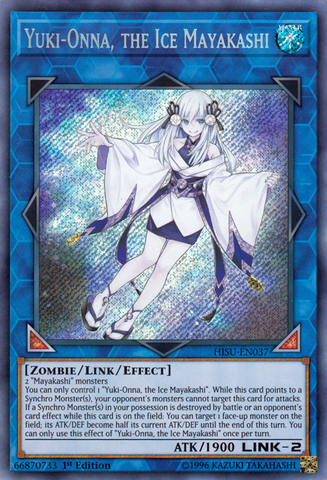 A Secret Rare "Yuki-Onna, the Ice Mayakashi" card from the Yugioh Set: Hidden Summoners.
