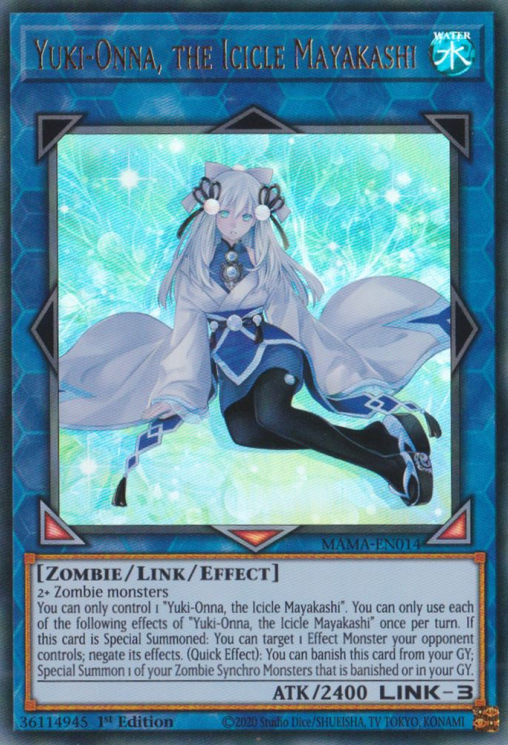 An Ultra Rare "Yuki-Onna, the Icicle Mayakashi" card from the Yugioh Set: Magnificent Mavens (MAMA).