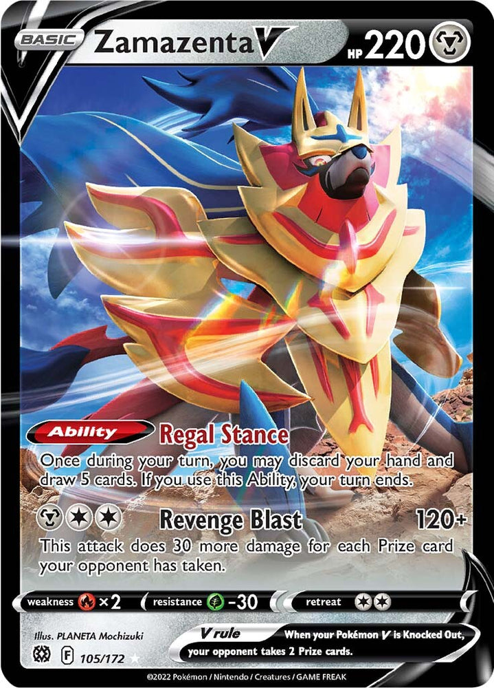 An Ultra Rare "Zamazenta V" (105/172) card from the Pokemon Set: Brilliant Stars.