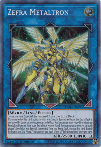 A Super Rare "Zefra Metaltron" card from the Yugioh Set: Extreme Force.