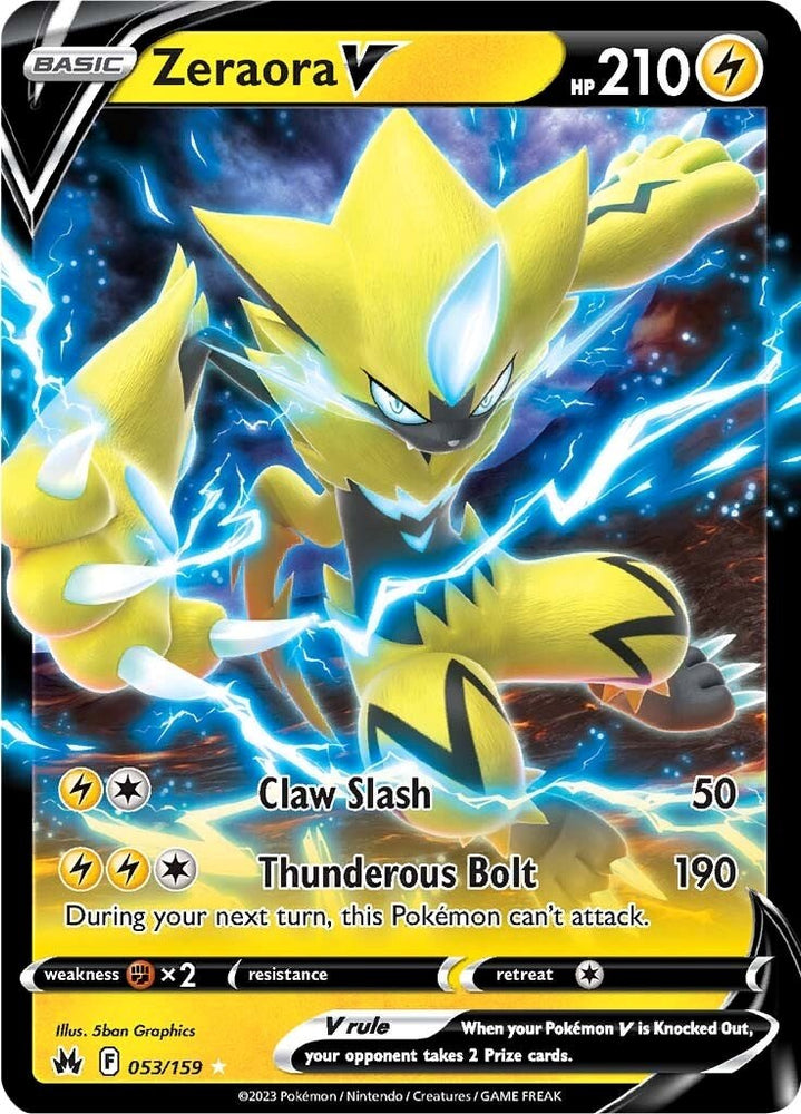 An Ultra Rare "Zeraora V" (053/159) card from the Pokemon Set: Sword & Shield: Crown Zenith.
