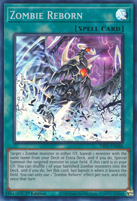  A Super Rare "Zombie Reborn" card from the Yugioh Set: Dimension Force.