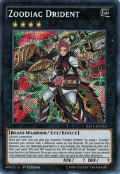 A Secret Rare "Zoodiac Drident" card from the Yugioh Set: Raging Tempest (RATE).