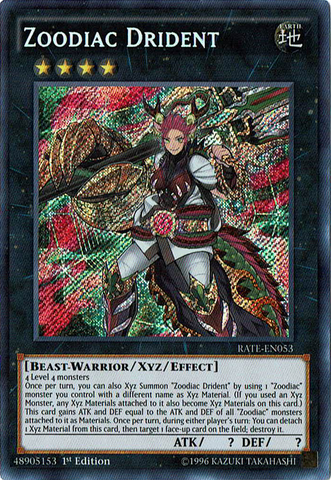 A Secret Rare "Zoodiac Drident" card from the Yugioh Set: Raging Tempest (RATE).