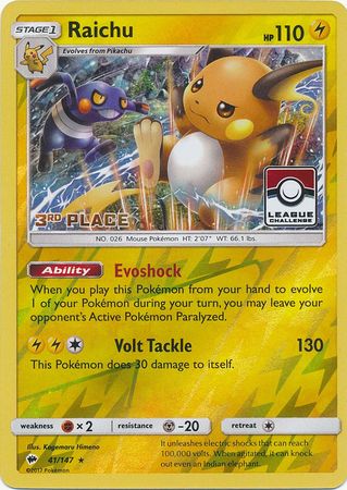 Raichu (41/147) (League Promo 3rd Place) [Sun & Moon: Burning Shadows] Pokémon